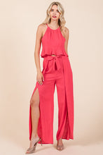Fuchsia Linen Crop Top and Wide Slit Pants Two Piece Sets