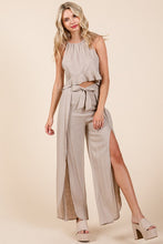 Beige Linen Crop Top and Wide Slit Pants Two Piece Sets