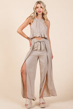 Beige Linen Crop Top and Wide Slit Pants Two Piece Sets