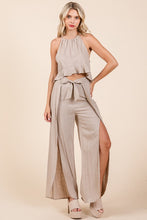 Beige Linen Crop Top and Wide Slit Pants Two Piece Sets