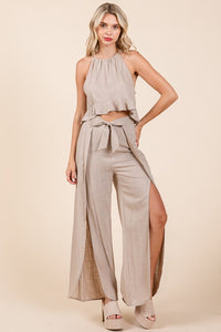 Beige Linen Crop Top and Wide Slit Pants Two Piece Sets