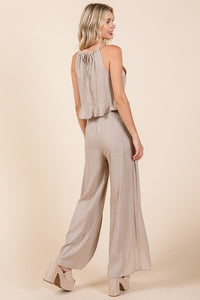 Beige Linen Crop Top and Wide Slit Pants Two Piece Sets