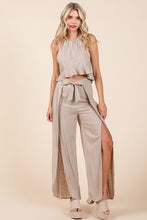 Beige Linen Crop Top and Wide Slit Pants Two Piece Sets