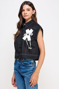 Black Ribbon Detail Button Shirt