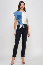 Denim/White Front Tie Color Block T Shirt