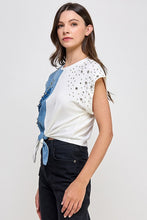 Denim/White Front Tie Color Block T Shirt