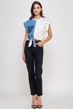 Denim/White Front Tie Color Block T Shirt