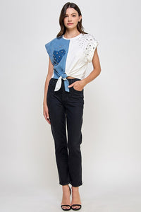 Denim/White Front Tie Color Block T Shirt