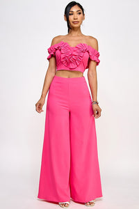 Pink Off Shoulder Ruffle Detail Crop Top With Pants Set