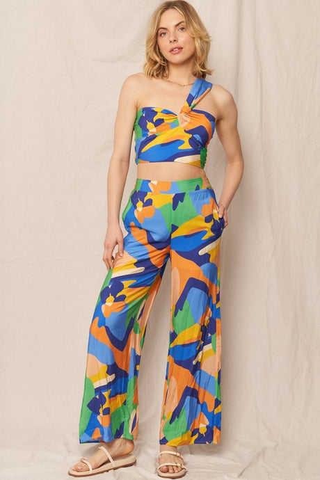 Blue Multi Printed Asymmetrical Crop Top and Pants Set