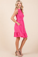 Fuchsia Sleeveless Smocked Ruffle Hem Shirred Mini Dress