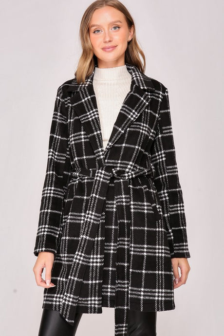Black/White Plaid Print Open Front Cozy Coat