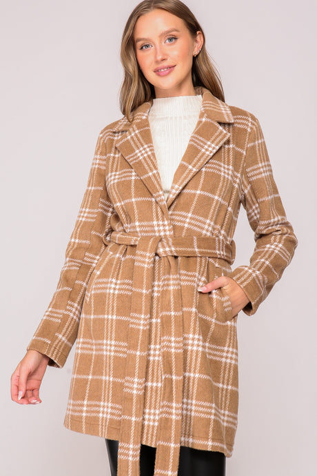 Camel/White Plaid Print Open Front Cozy Coat