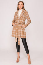 Camel/White Plaid Print Open Front Cozy Coat