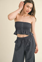 Dark Denim Linen Smocked Strapless Top With Ankle Pants