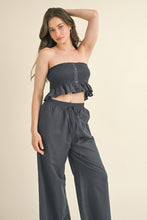 Dark Denim Linen Smocked Strapless Top With Ankle Pants