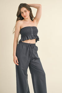 Dark Denim Linen Smocked Strapless Top With Ankle Pants