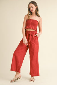 Rust Linen Smocked Strapless Top With Ankle Pants