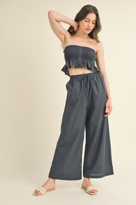 Dark Denim Linen Smocked Strapless Top With Ankle Pants