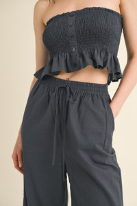 Dark Denim Linen Smocked Strapless Top With Ankle Pants