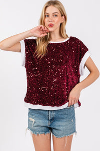 Burgundy/White Gameday Velvet Seuquin Top
