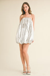 Silver Metalic Strapless Puff Sleeve Balloon Mini Dress