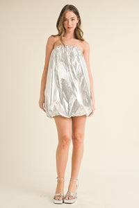 Silver Metalic Strapless Puff Sleeve Balloon Mini Dress