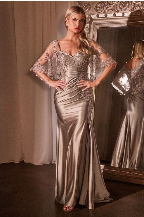 Mocha Gold Stretch Satin Fitted Dress & Removable Lace Caplet – Aquarius  Brand