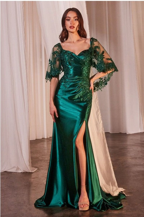 Emerald Stretch Satin Fitted Dress & Removable Lace Caplet Aquarius Brand Emerald Stretch Satin Fitted Dress & Removable Lace Caplet Aquarius Brand