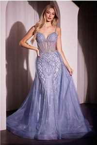 Lilac Beaded Fitted Gown With Overskirt