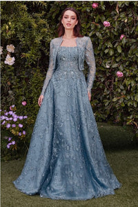 Dusty Blue Strapless Embroidered Ball Gown With Removable Jacket