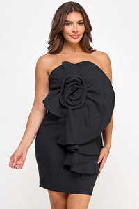 Black Sweetheart Tube Top Dress With Flower Motif Detail