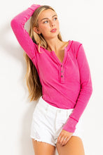 Hot Pink Acid Washed Half Placket Ribbed Knit Top