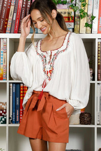 Off White Square Neck Tie With Tassel Embroidered Top