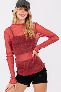 Red Metallic Mesh Long Sleeve Top
