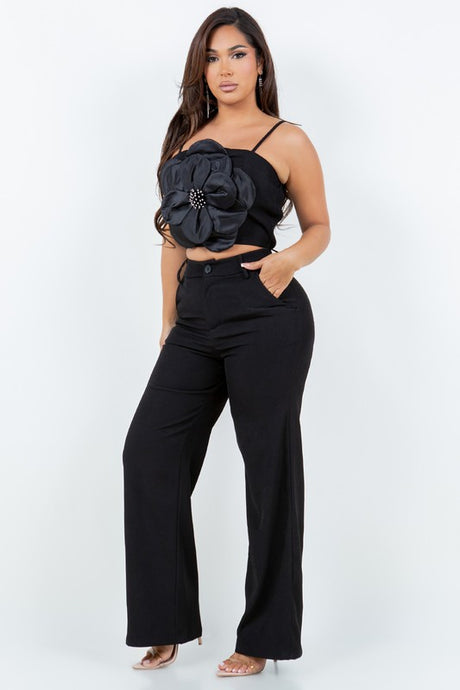 Black Two-Pieces Pant Set With Flower