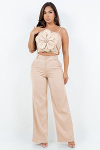 Beige Two-Pieces Pant Set With Flower