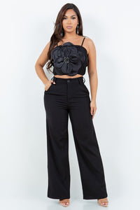 Black Two-Pieces Pant Set With Flower