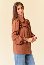 Caramel Textured Woven Long Sleeve Button Down Blouse