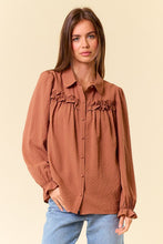 Caramel Textured Woven Long Sleeve Button Down Blouse