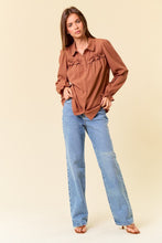 Caramel Textured Woven Long Sleeve Button Down Blouse