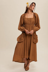 Butter Scotch Long Sleeve Maxi Dress with Slouchy Pocket Details