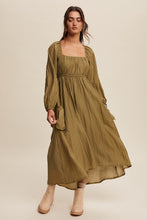 Olive Long Sleeve Maxi Dress with Slouchy Pocket Details