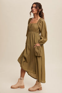 Olive Long Sleeve Maxi Dress with Slouchy Pocket Details