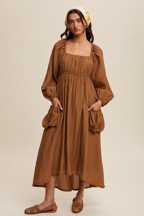 Butter Scotch Long Sleeve Maxi Dress with Slouchy Pocket Details