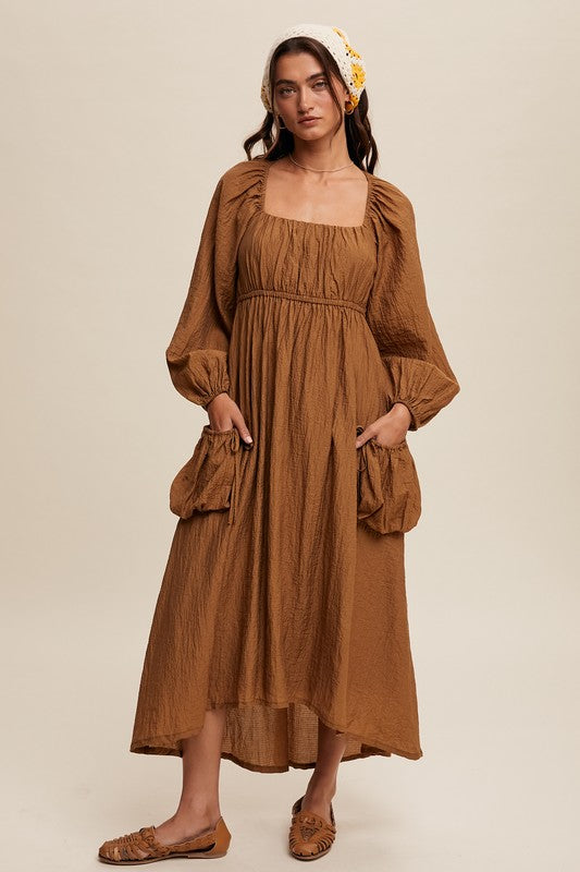 Butter Scotch Long Sleeve Maxi Dress with Slouchy Pocket Details