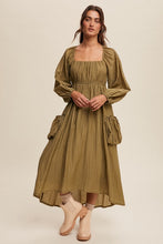 Olive Long Sleeve Maxi Dress with Slouchy Pocket Details