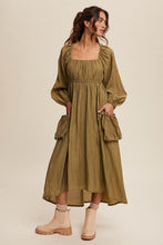 Olive Long Sleeve Maxi Dress with Slouchy Pocket Details