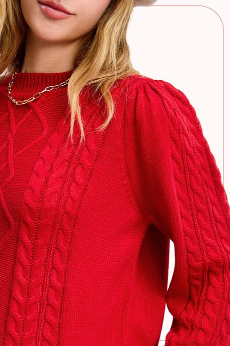 Candy Cane Sesame Soft Ribbed Crew Neck Cable Knit Sweater