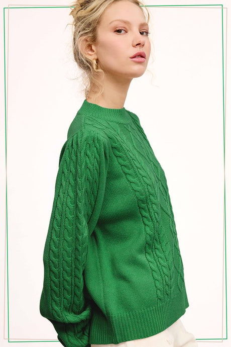 Pine Tree Sesame Soft Ribbed Crew Neck Cable Knit Sweater